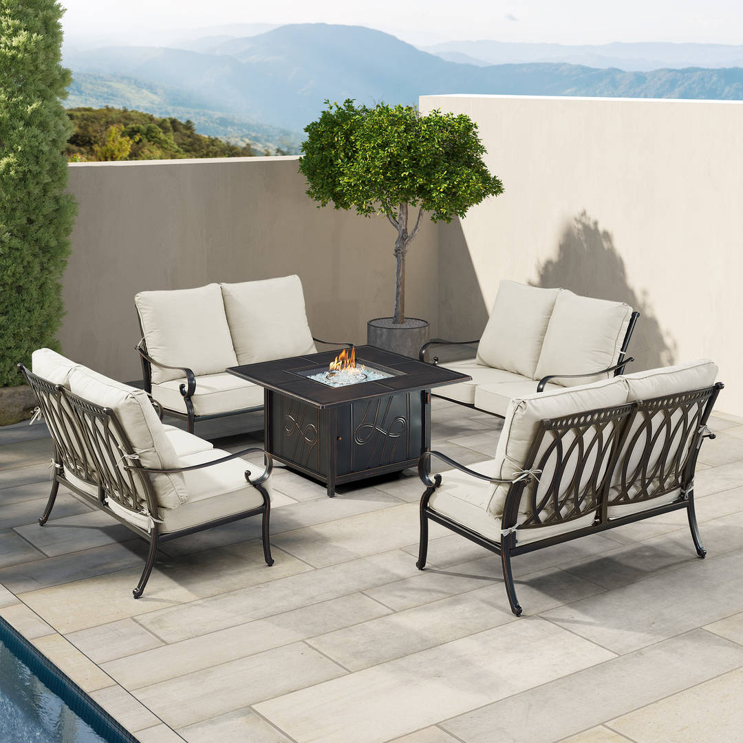 Black Aluminum Patio Fire Table Set with Four Deep Seating Loveseat with Cushions