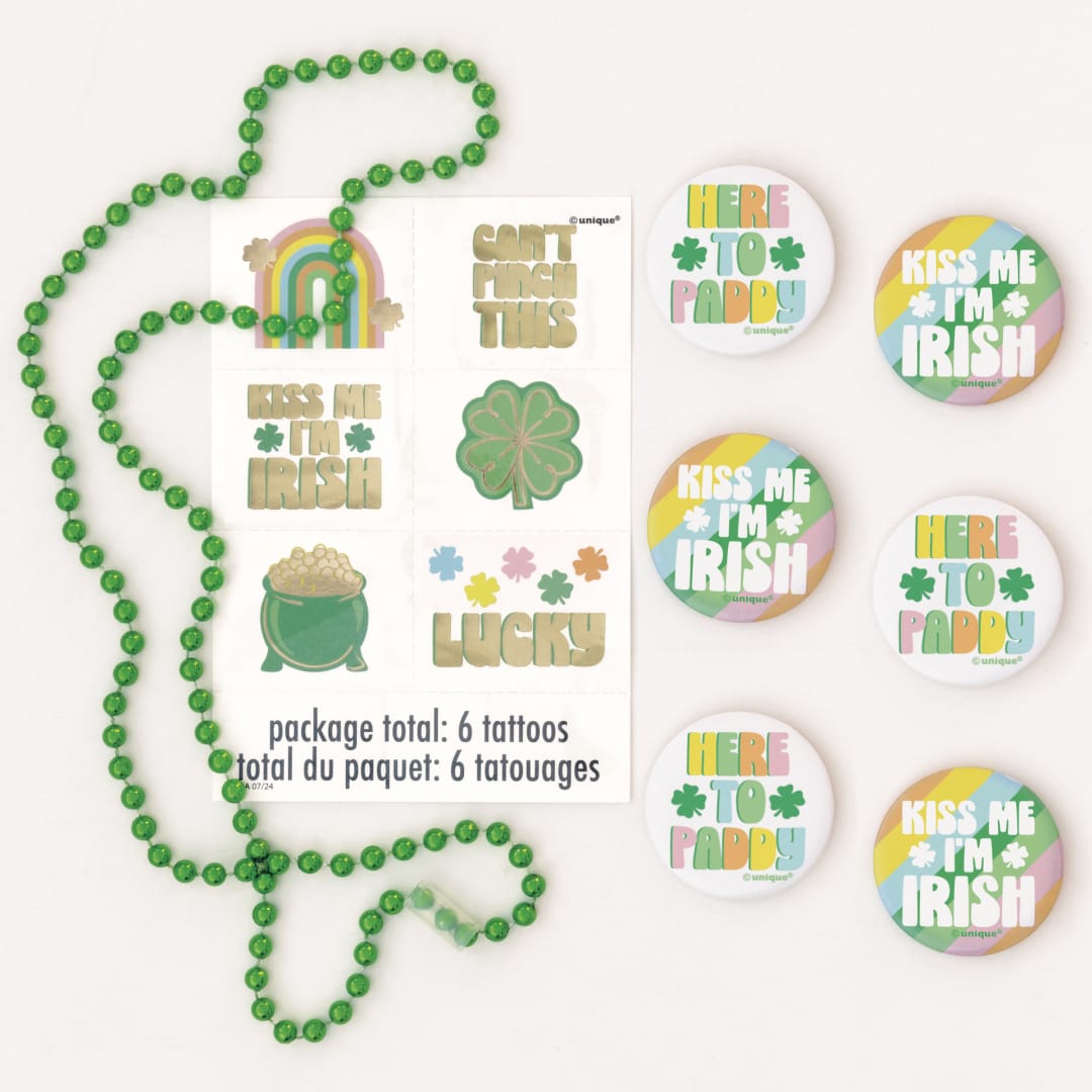 St. Patty's Day Wearables Kit for 6 with Badges, Tattoos &amp; Necklaces, 18pc