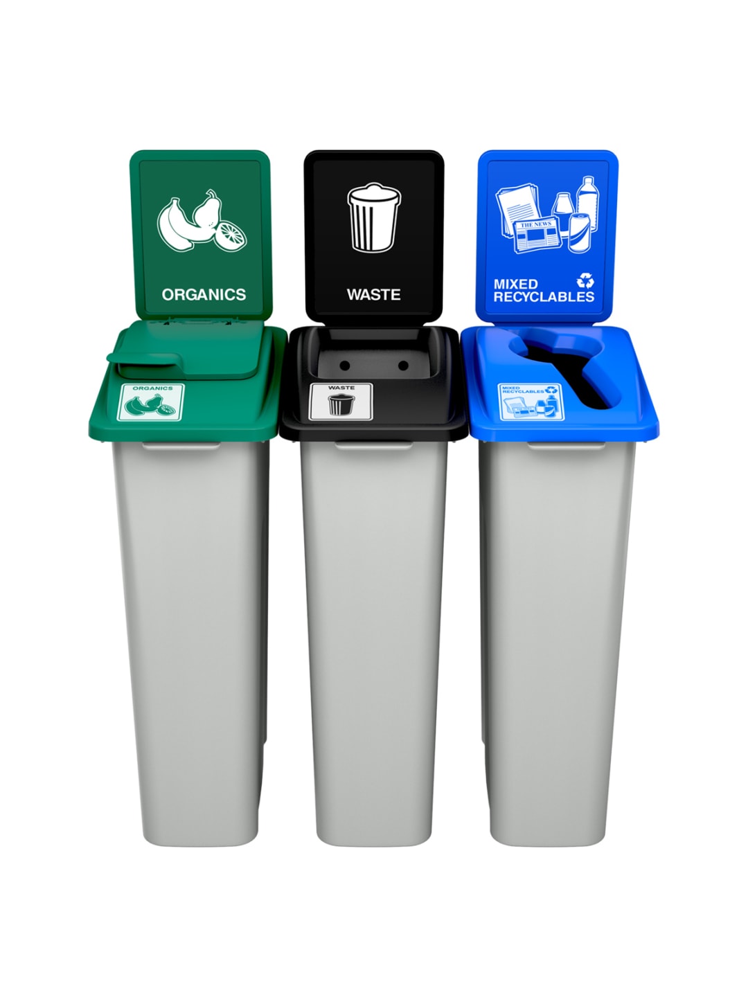  WASTE WATCHER - Triple - Kit - Standard - Organics-Waste-Mixed Recyclables - Vented Lift-Full-Mixed - Grey-Green-Black-Blue-Green-Black-Blue