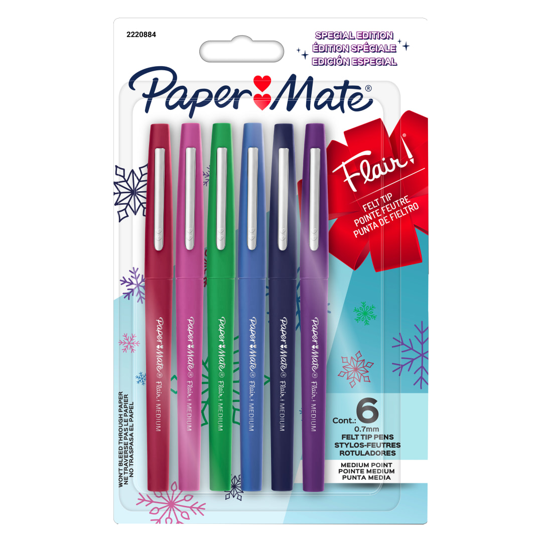 Paper Mate Flair Felt Tip Pens, Holiday Edition, Medium Point (0.7 mm), Assorted Colours, 6 Count