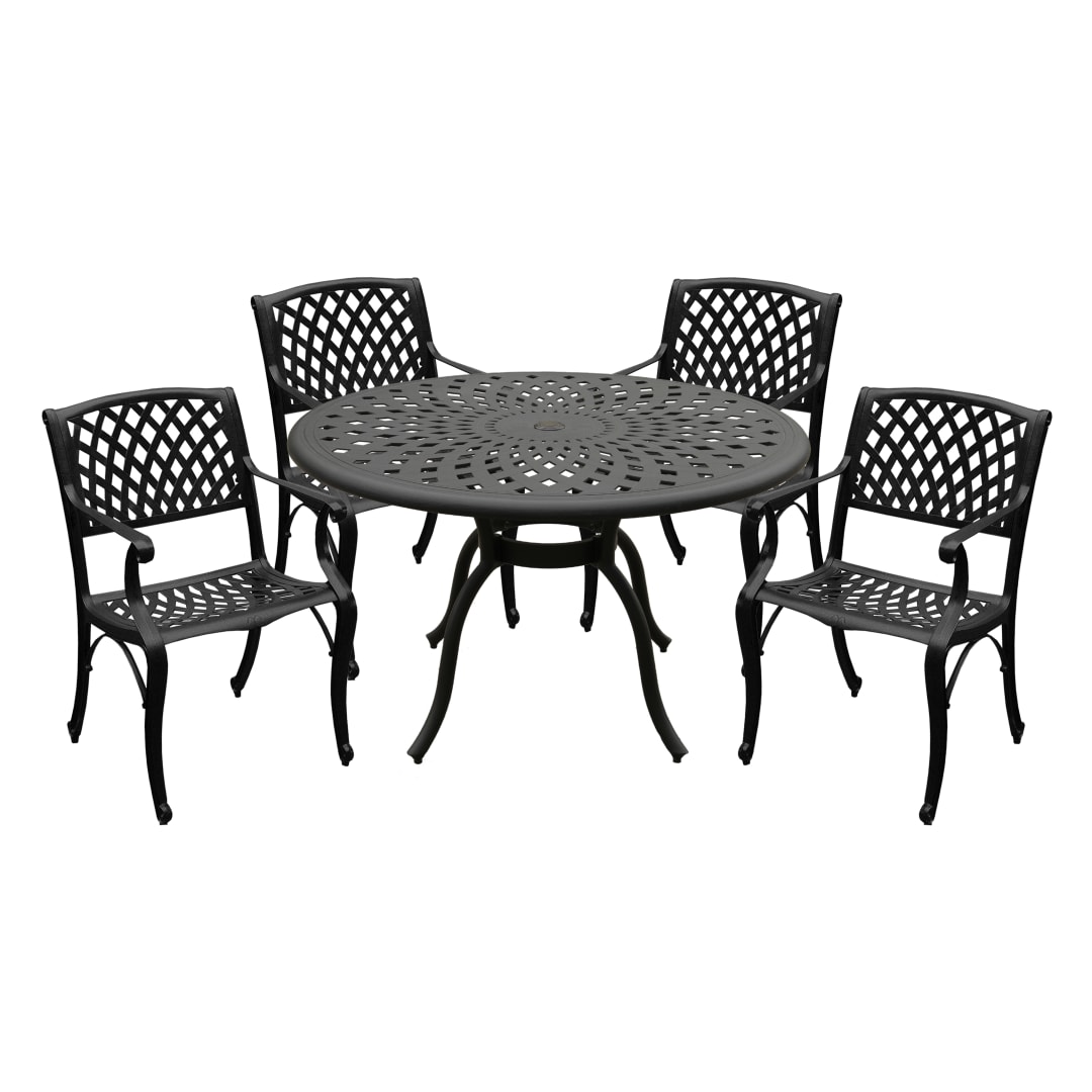 Modern Ornate Outdoor Mesh Aluminum 48-in Black Round Patio Dining Set with Four Chairs