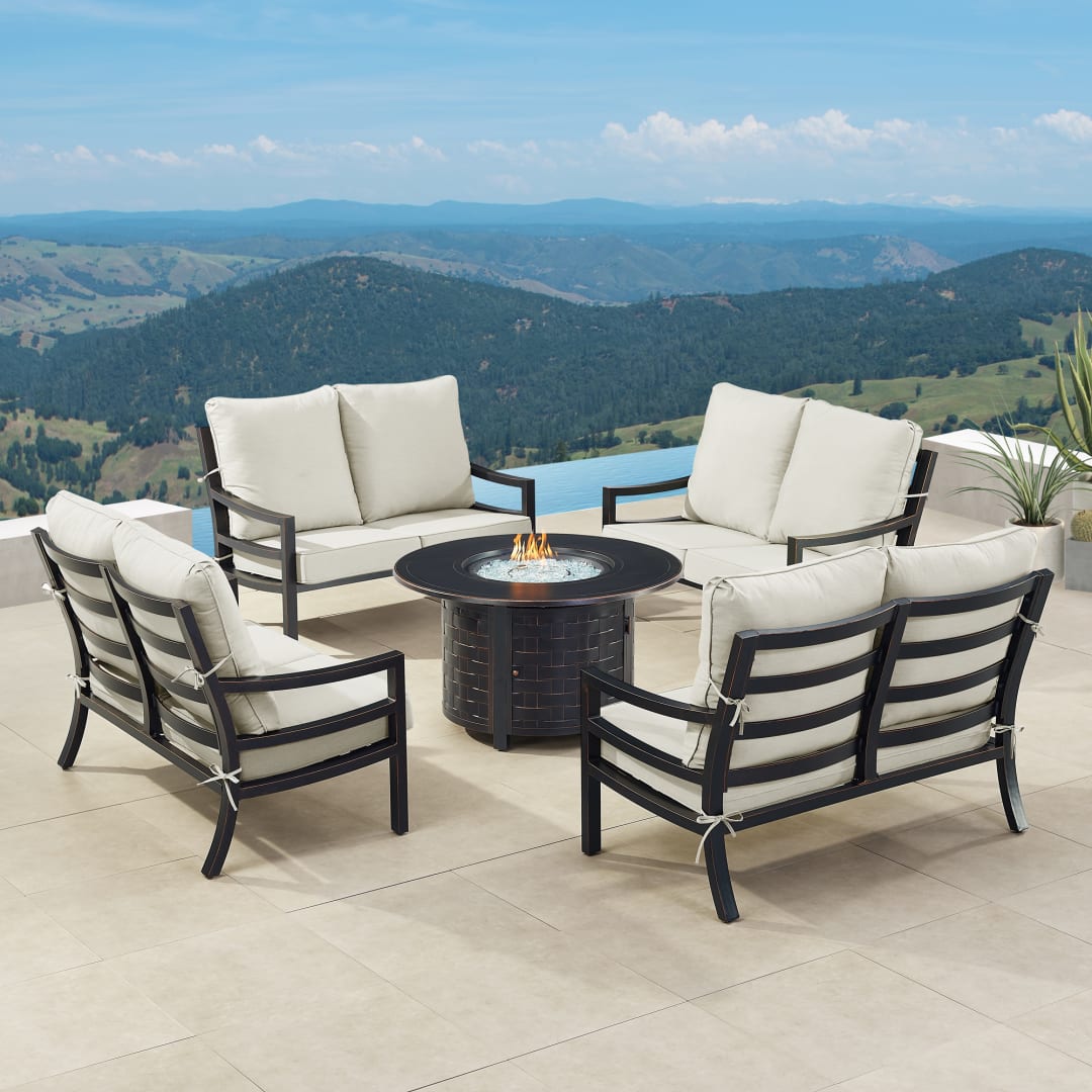 Black Aluminum Patio Fire Table Set with Four Deep Seating Loveseat with Cushions