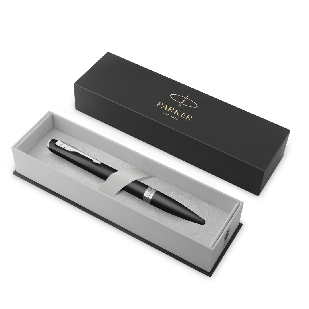 Parker Meridian Bolígrafo | Laca negra mate con detalles cromados | Punta media | Para escribir a mano y Material de papelería | Tinta azul | Caja de Regalo de Lujo