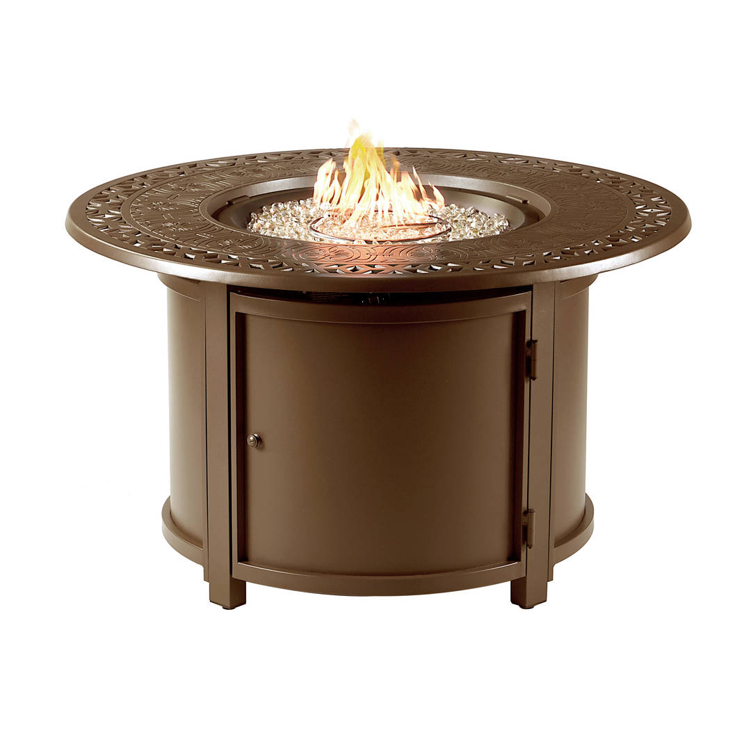 Round 44 in. x 44 in. Aluminum Propane Fire Pit Table with Glass Beads, Two Covers, Lid, 55,000 BTUs in Brown Finish
