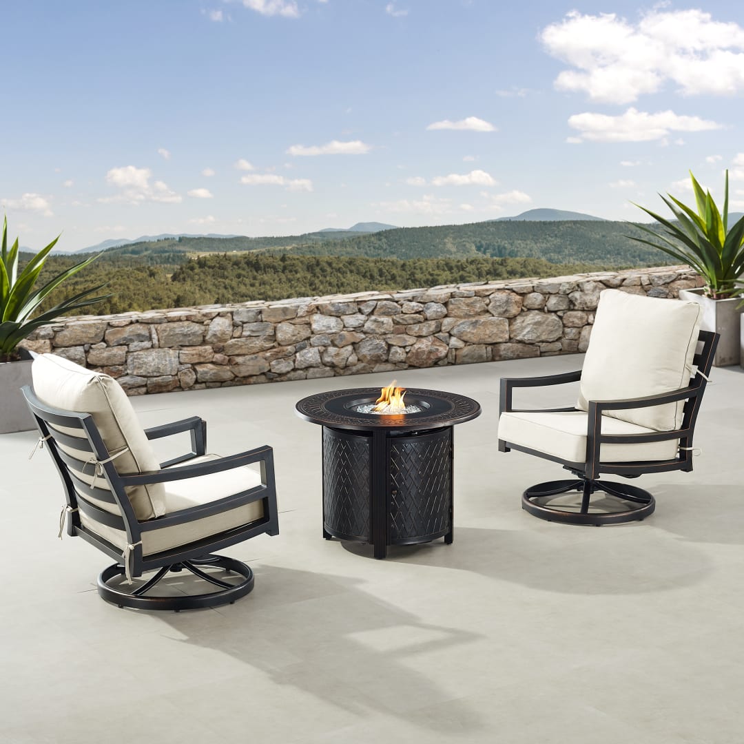 Black Aluminum Patio Fire Table Bistro Set with Two Club Chairs