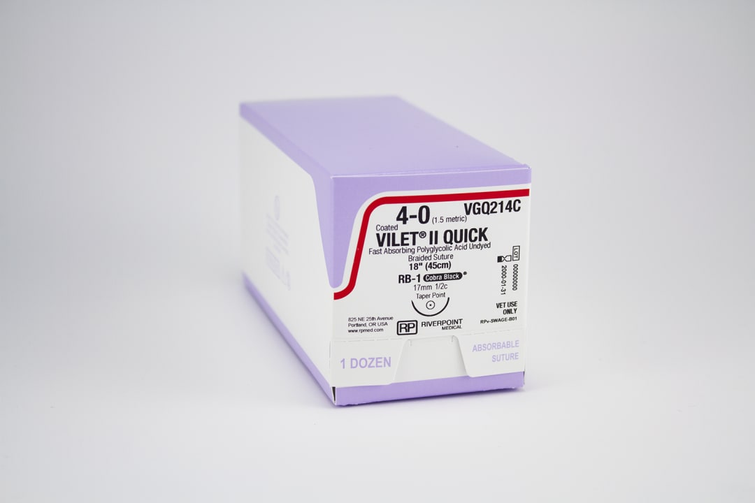 Vilet II Quick PGA Suture, USP 4-0 with 17mm RB-1 Taper Point 1/2 Circle Cobra Black Dental Specific Needle, Undyed, 45cm, Sterile