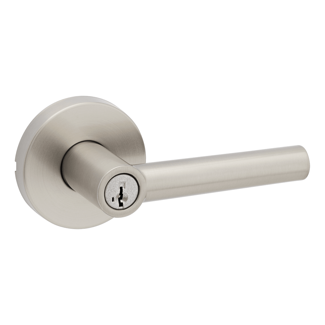 Milan Keyed Storeroom Lever featuring SmartKey Security™ in Satin Nickel