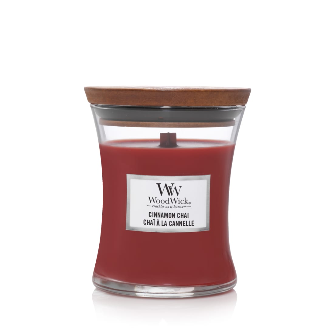 WoodWick Vela perfumada hourglass mediana | Cinnamon Chai | con mecha crepitante | Tiempo de combustión: hasta 60 horas
