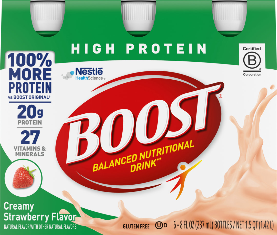BOOST 20g High Protein Nutritional Drink Shakes, Creamy Strawberry, 8 fl oz, 6 Pack