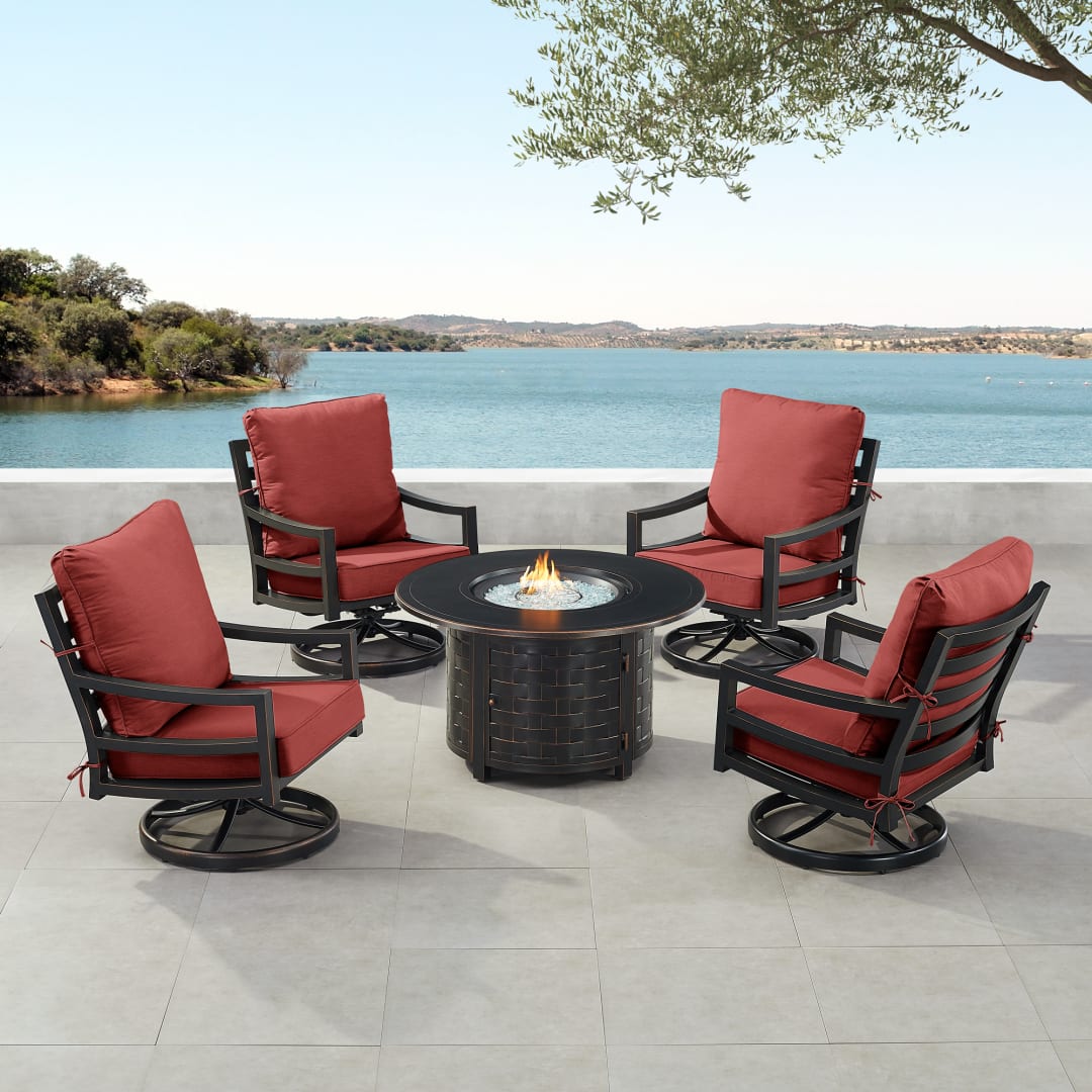 Black Aluminum Patio Fire Table Set with Four Club Chairs