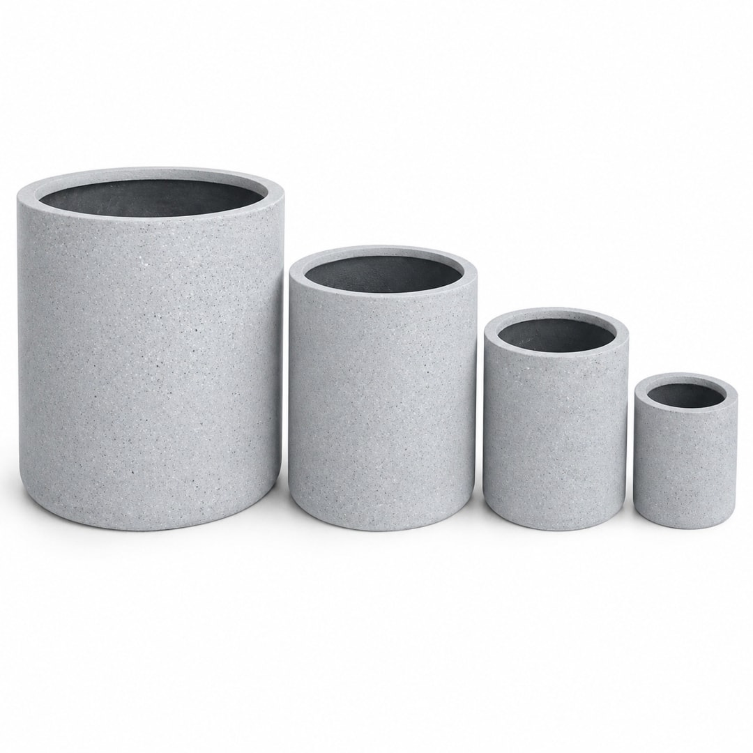 Set of 4 Round Cylinder Polystone Indoor/Outdoor Planters, Gray