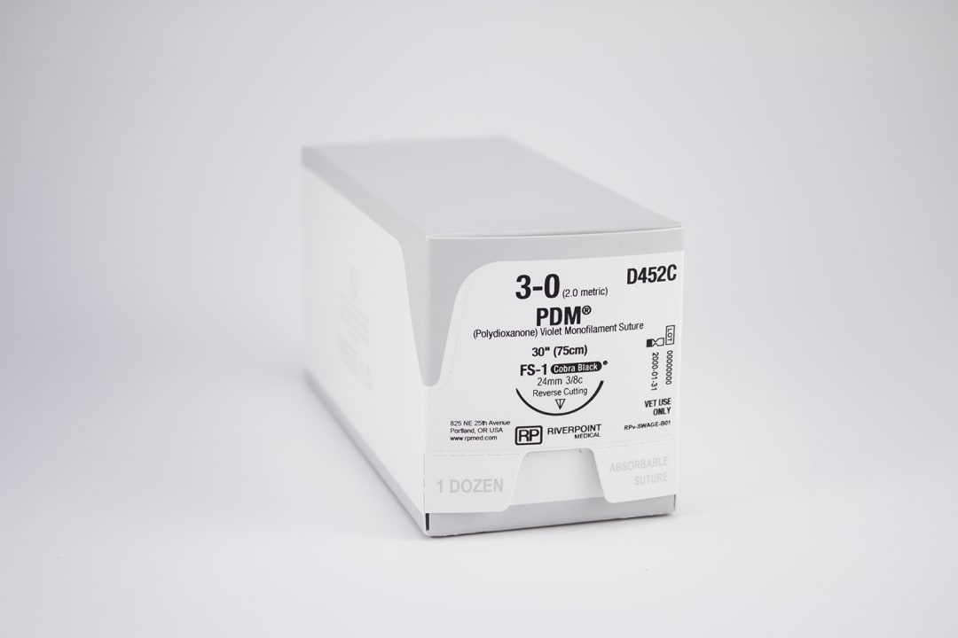 PDM PDO Suture, USP 3-0 with 24mm FS-1 Reverse Cutting 3/8 Circle Cobra Black Needle, Violet, 75cm, Sterile