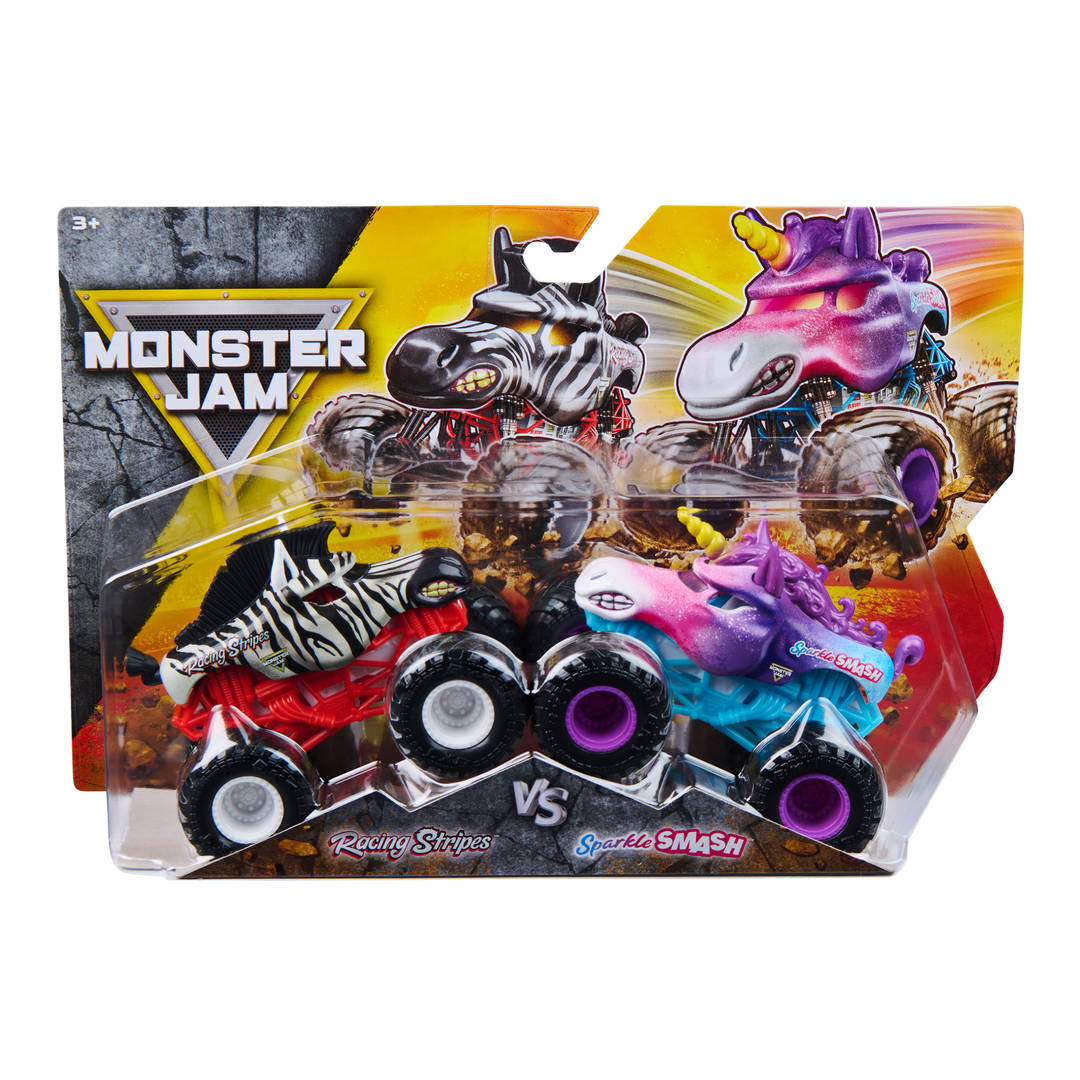 Monster Jam Sparkle Smash vs Racing Stripes Monster Truck 1:64 Scale 2-Pack
