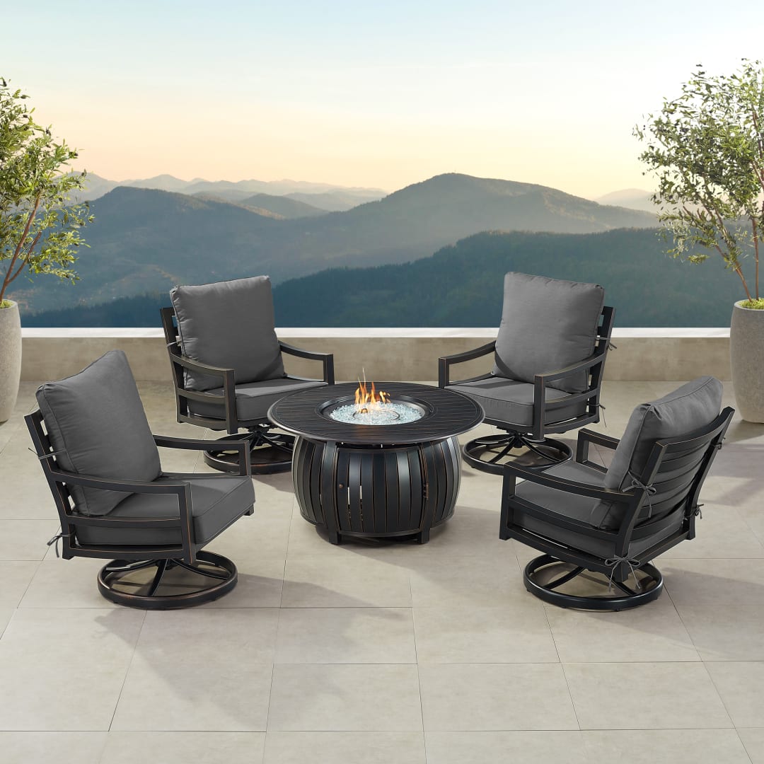 Black Aluminum Patio Fire Table Set with Four Club Chairs