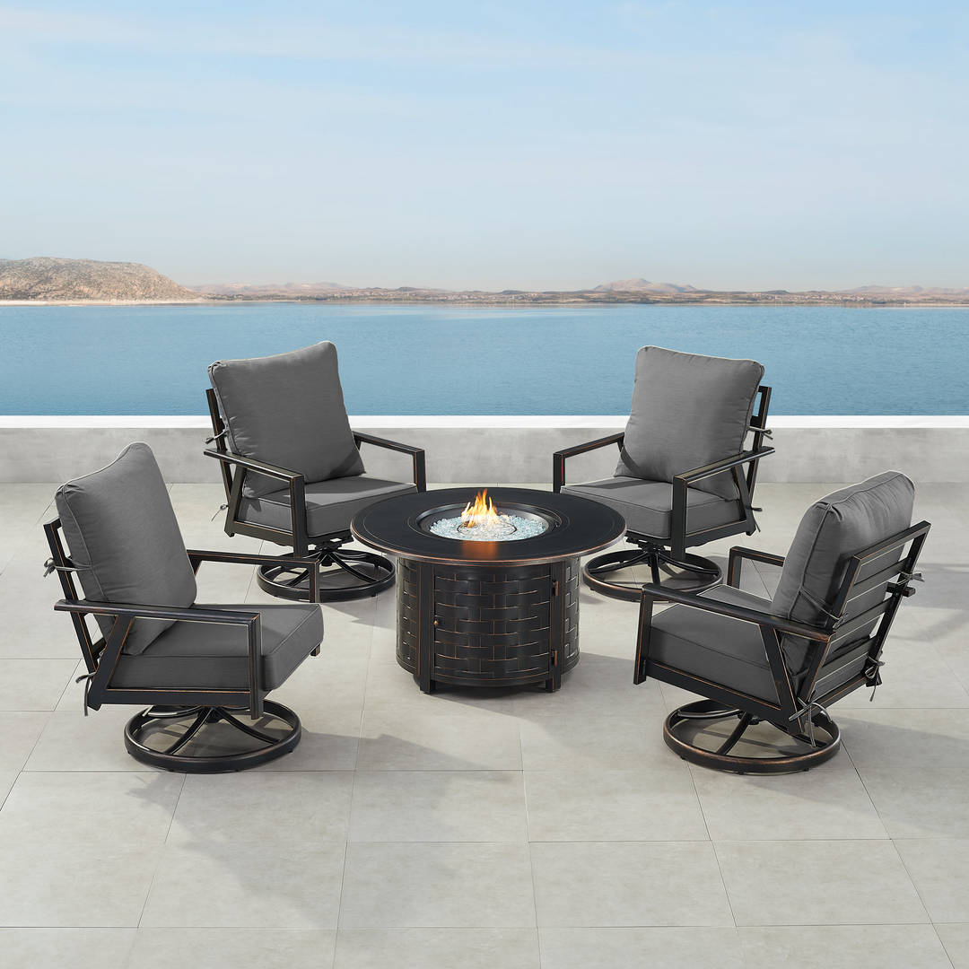 Black Aluminum Patio Fire Table Set with Four Club Chairs