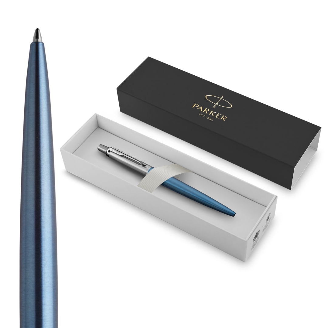 Parker Jotter Bolígrafo, Azul Claro (Waterloo Blue), Punta Mediana Con Recambio De Tinta Azul, En Estuche De Regalo