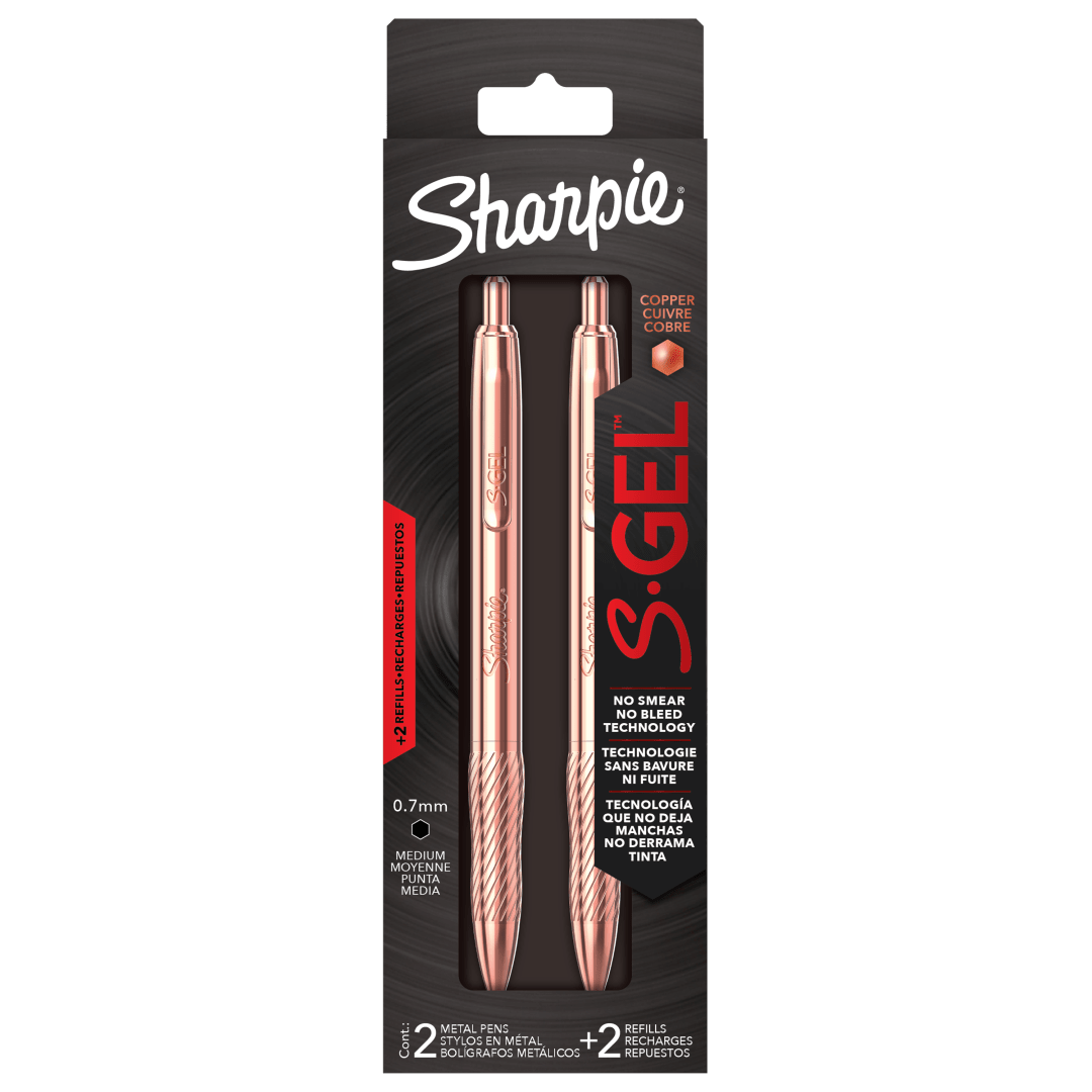 Sharpie® S-Gel, Gel Pen, Copper Metal Body, Medium Point (0.7mm), Black Ink, Includes 2 Pens and 2 Additional Ink Refills