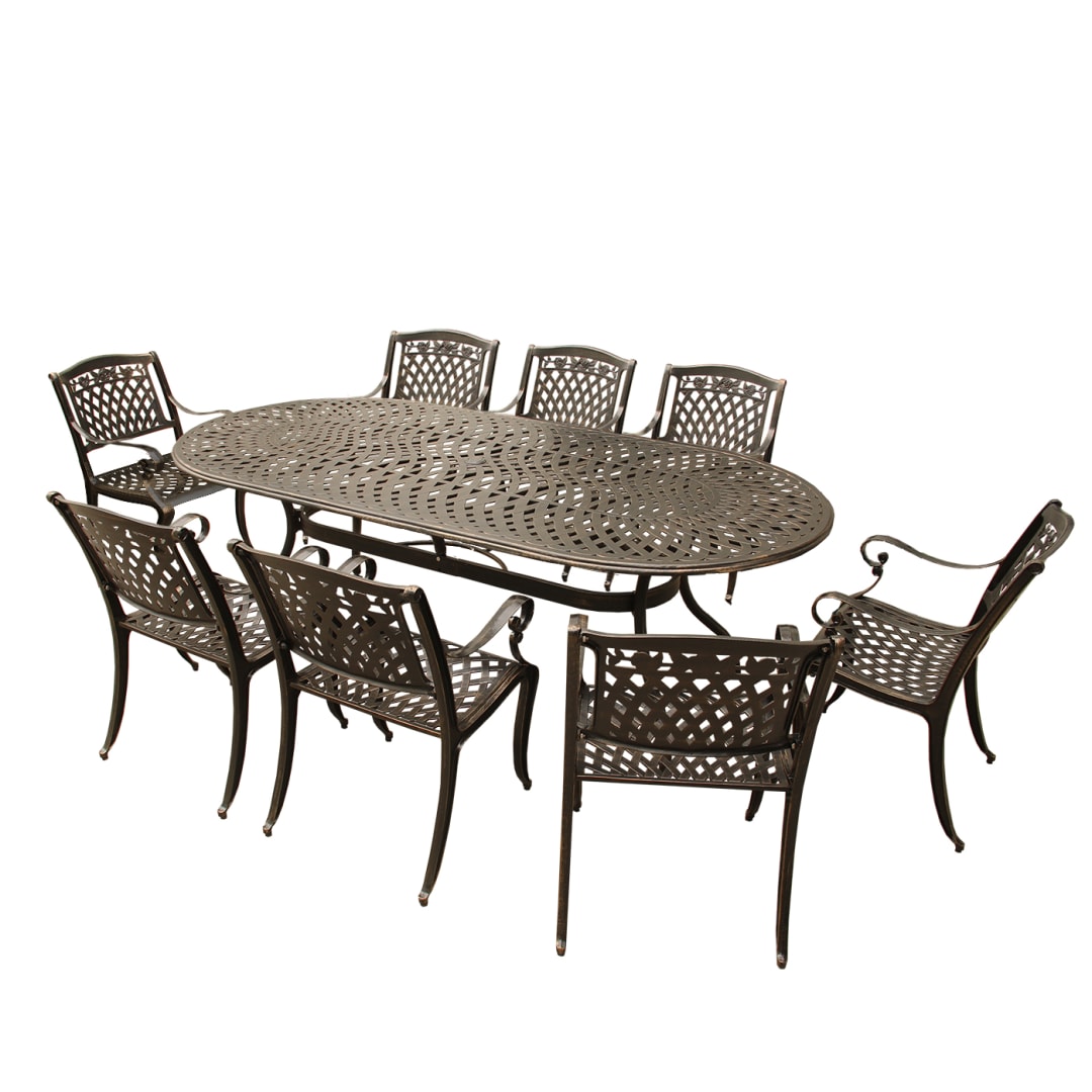 Contemporary Modern Outdoor Mesh Lattice Aluminum 95 inch Bronze Oval Dining Set with Eight Arm Chairs