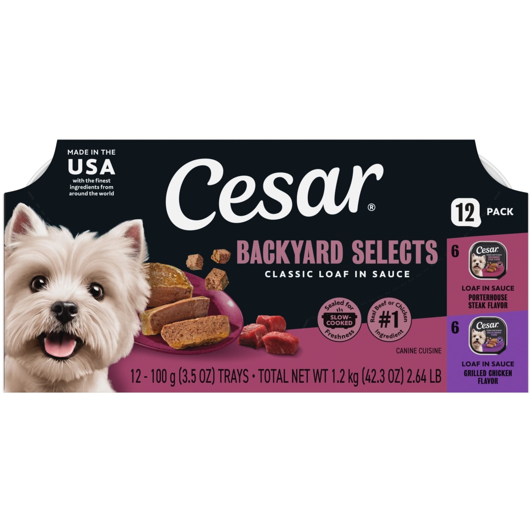 CESAR BACKYARD COOKOUT Adult Wet Dog Food Classic Loaf in Sauce Variety Pack, Grilled Chicken and Porterhouse Steak Flavors, (12) 3.5 oz. Easy Peel Trays