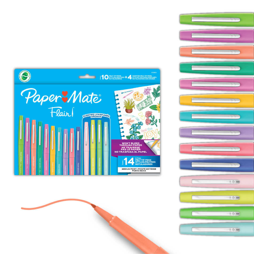 Paper Mate Flair Punta de Fieltro,Incluye bolígrafos con aroma, Punta Media (0.7mm) , 14 Piezas