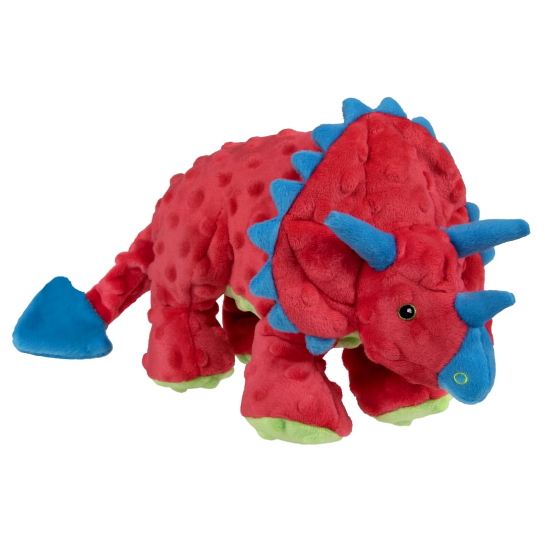 goDog Dinos Frills Squeaky Dog Toy, Plush with Chew Guard Technology, Red, Medium