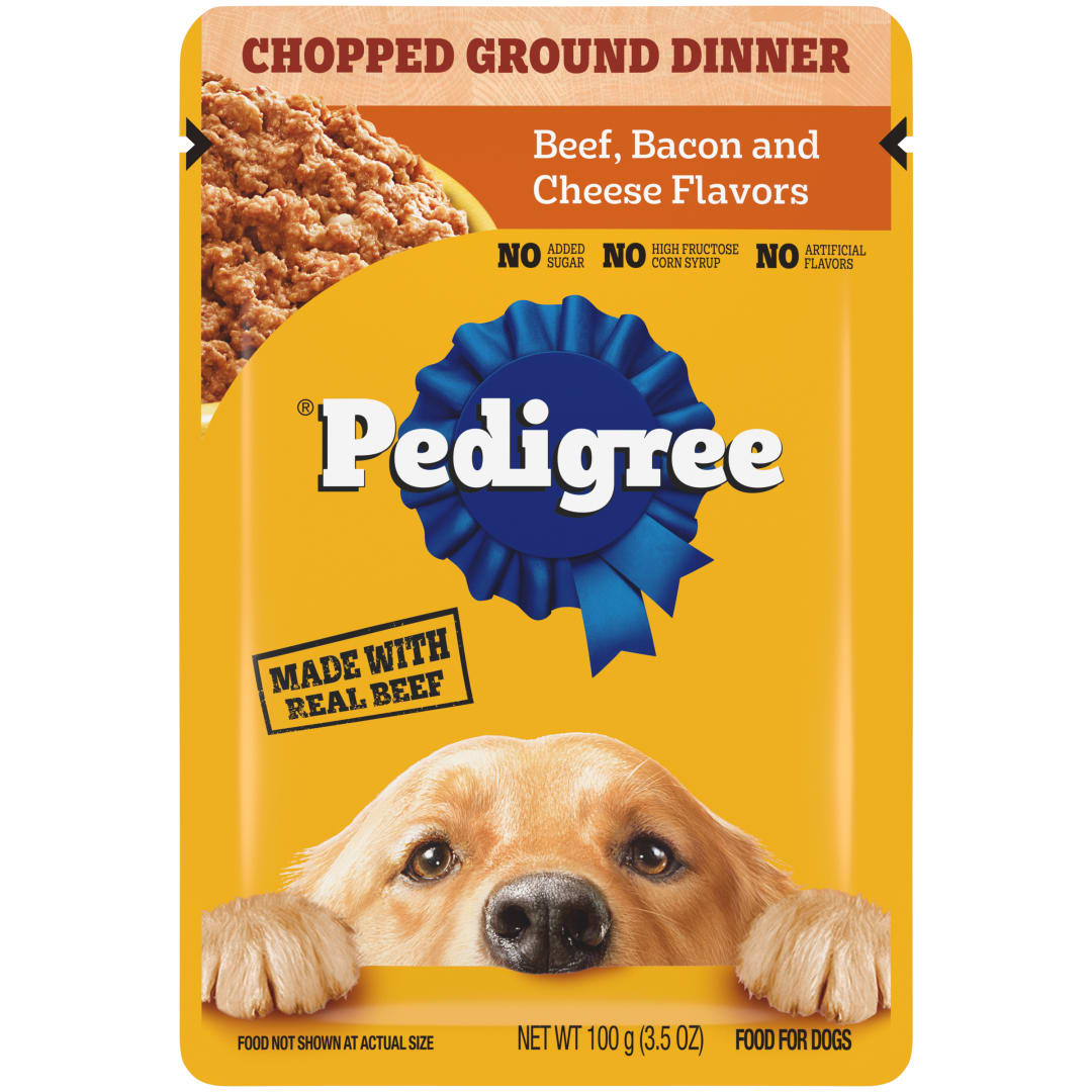 Pedigree Chopped Ground Dinner Dog Food, Beef, Bacon and Cheese Flavors, 3.5 oz Pouch