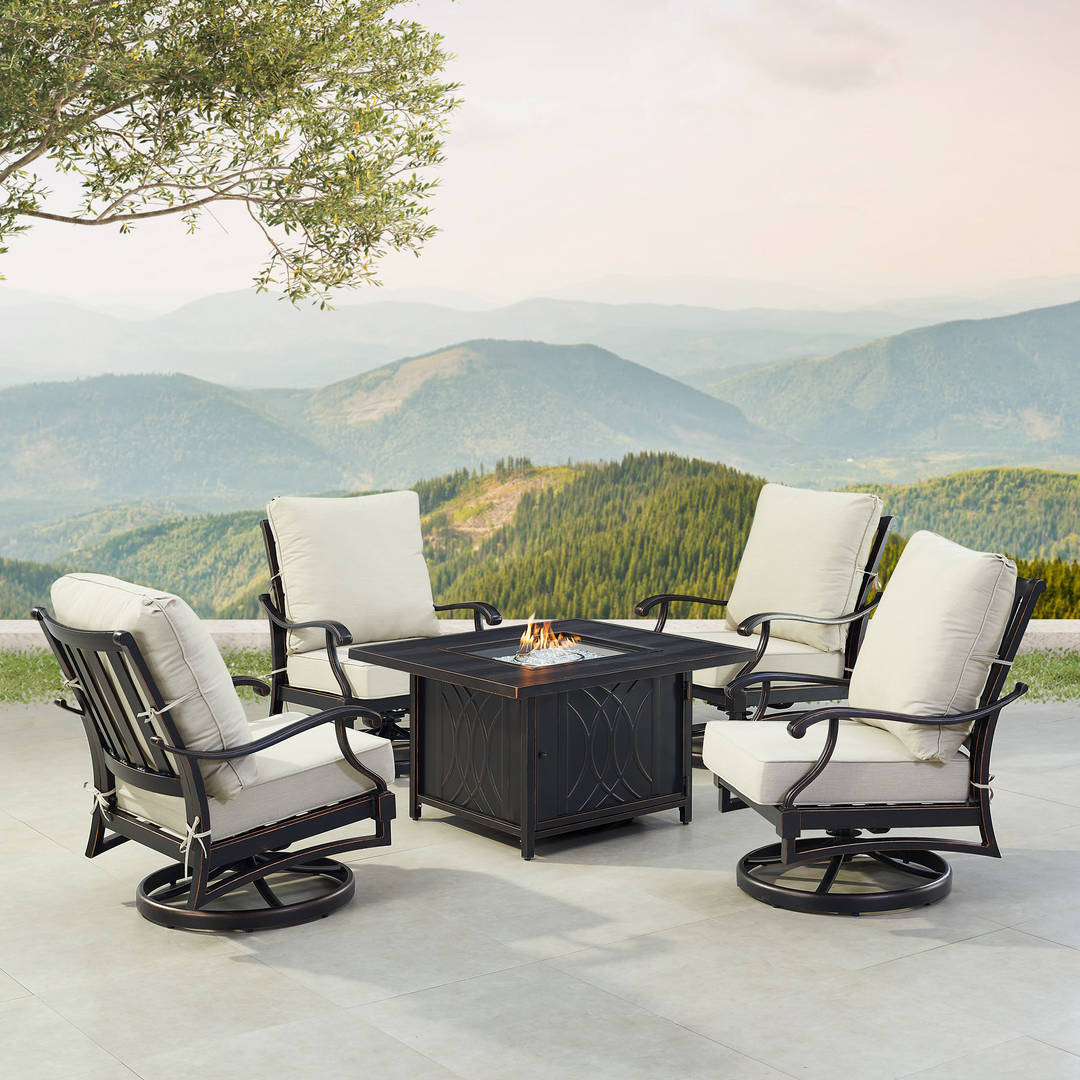 Black Aluminum Patio Fire Table Set with Four Club Chairs