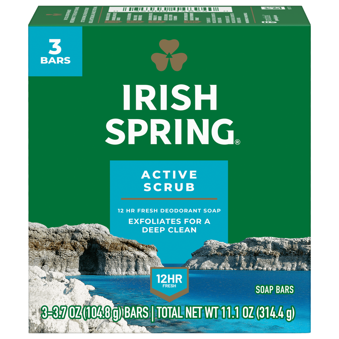 Irish Spring Active Scrub Exfoliating Bar Soap for Men, With Flaxseed Oil, 12 Hour Fresh Deodorant Soap, 3.7 oz Bar (3 Pack)