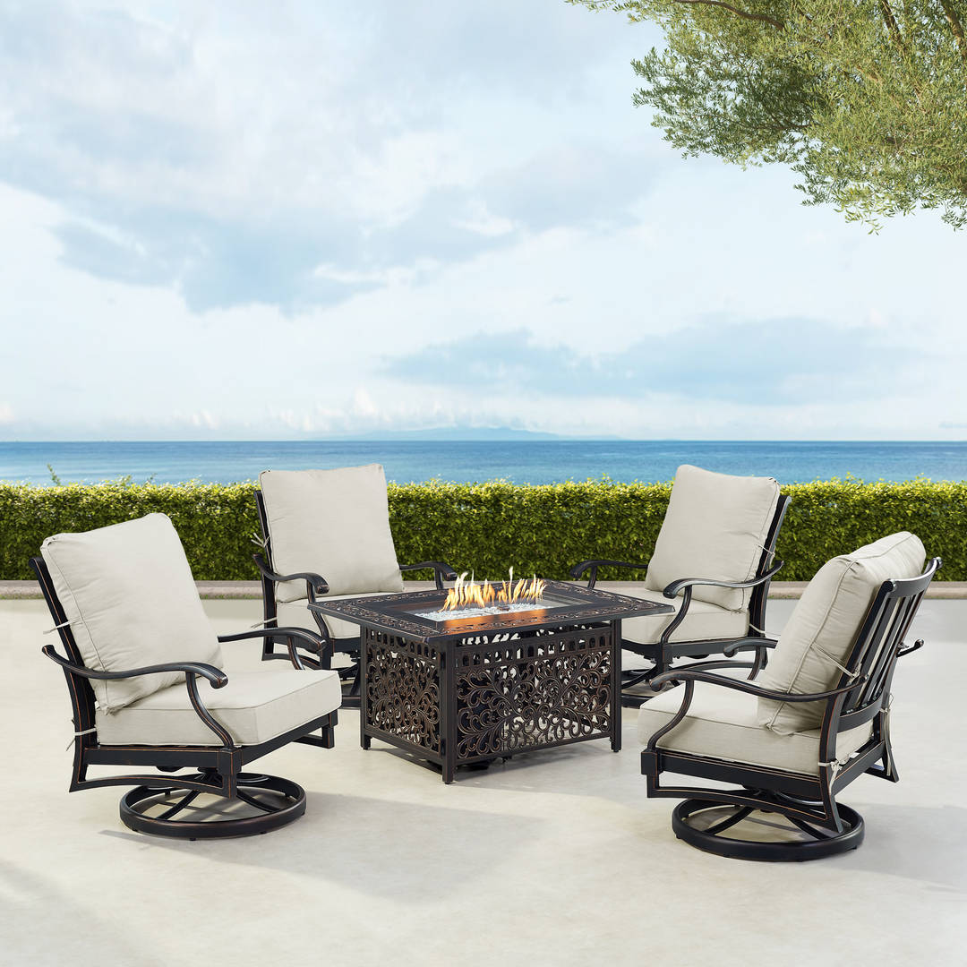 Black Aluminum Patio Fire Table Set with Four Club Chairs