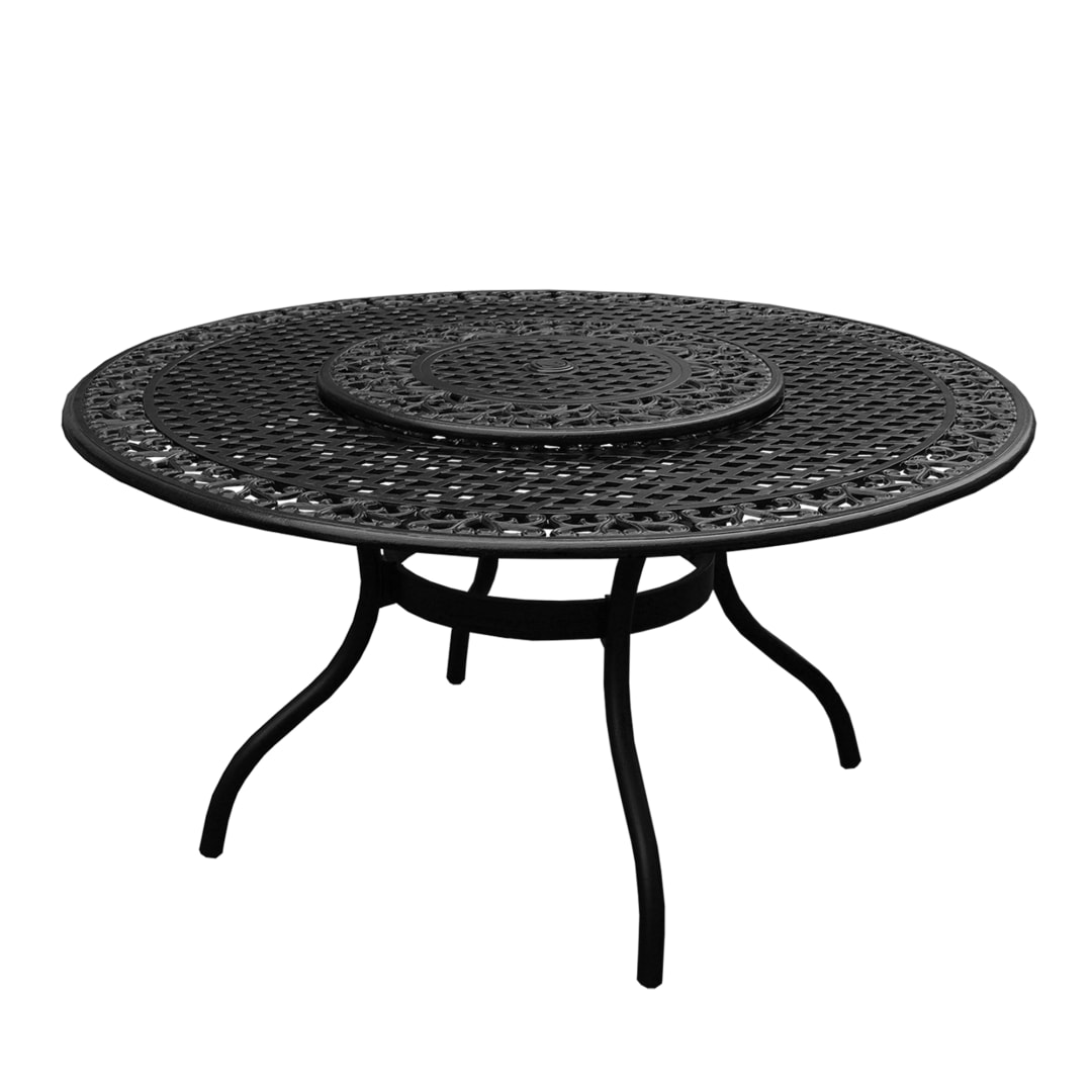 Ornate Outdoor Mesh Aluminum 59-in Black Large Round Patio Dining Table with Lazy Susan
