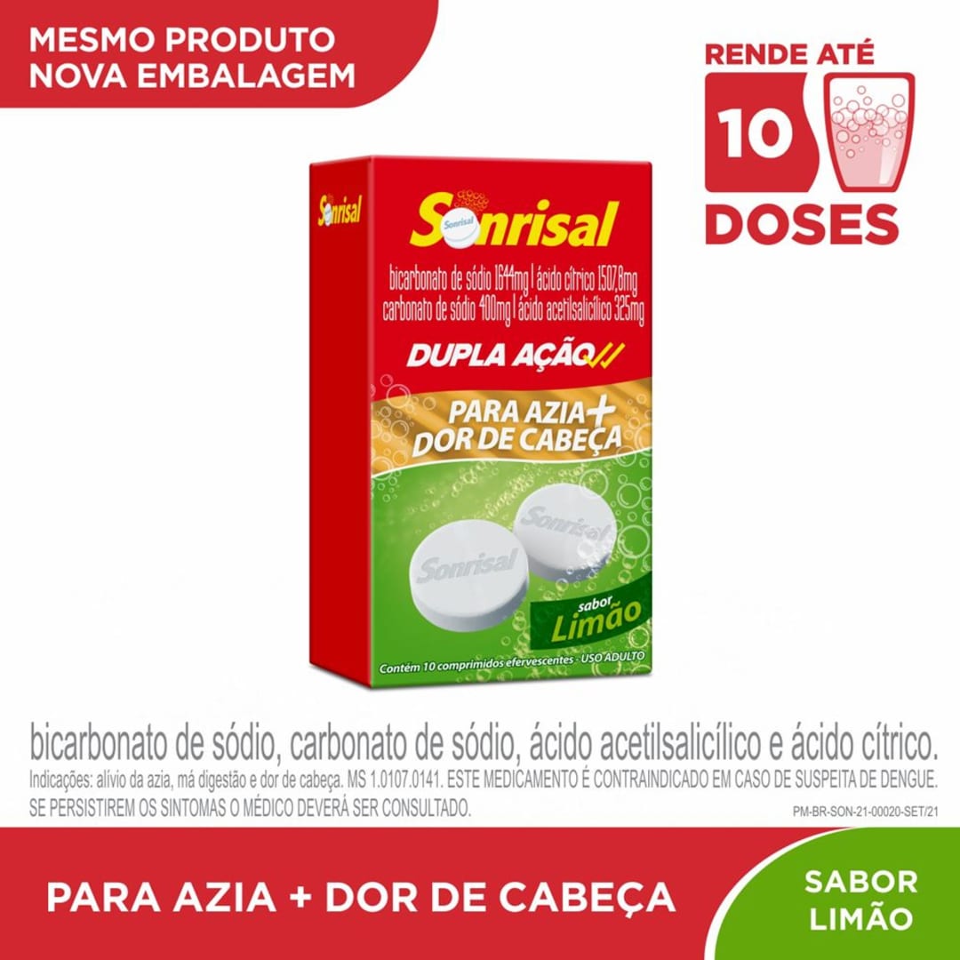 Sonrisal Limão Dupla Ação Antiácido e Analgésico para Alívio da Azia e Dor de Cabeça com 10 pastilhas