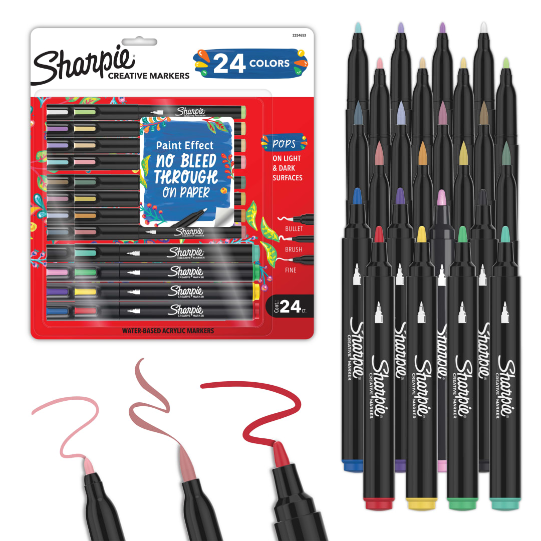 Sharpie Creative Markers, Water-Based Acrylic Markers, Bullet, Brush, and Fine Tip, Assorted Colors, 24 Count