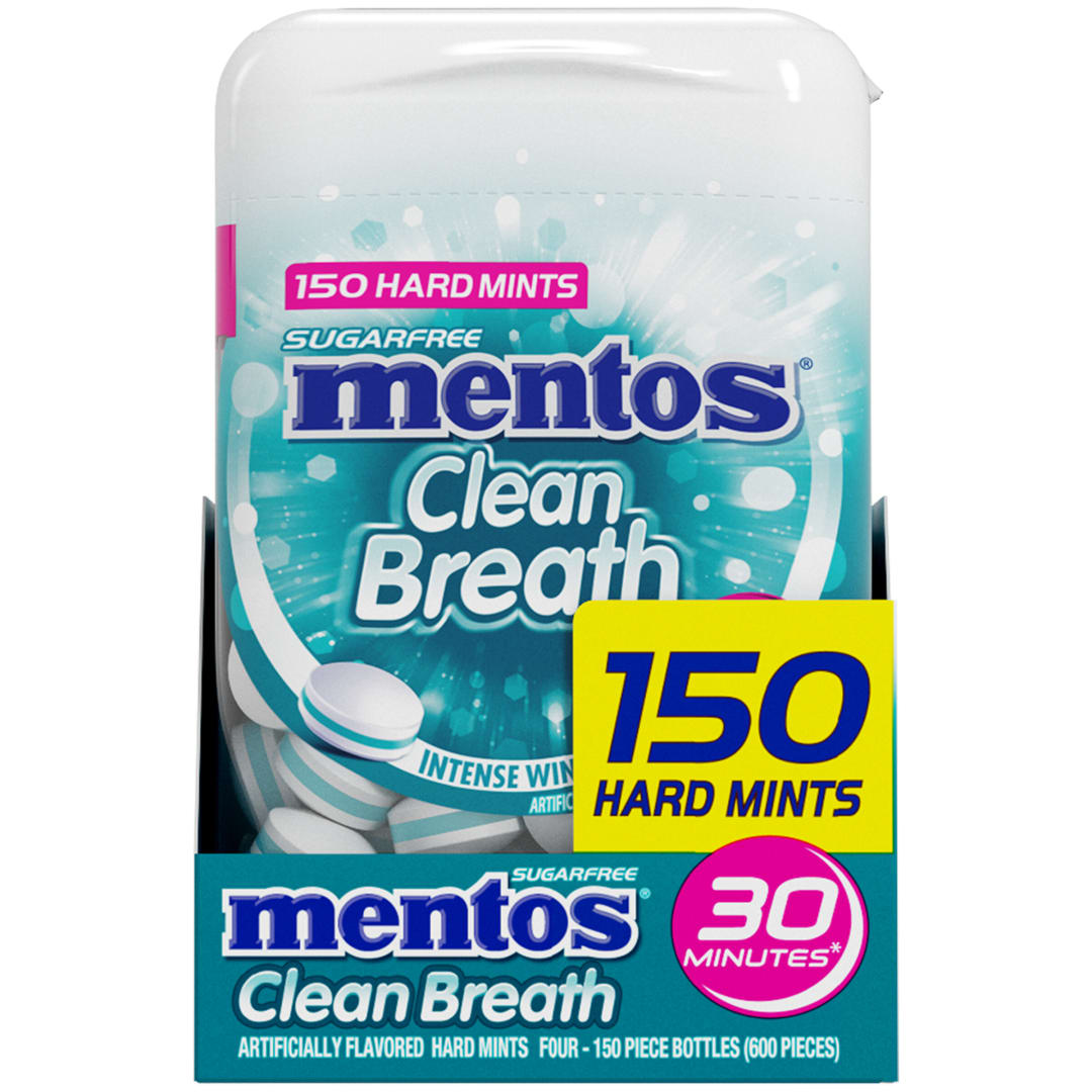 Mentos Clean Breath Hard Mints Intense Wintergreen 150 pc Large Bottles - 4 Pack