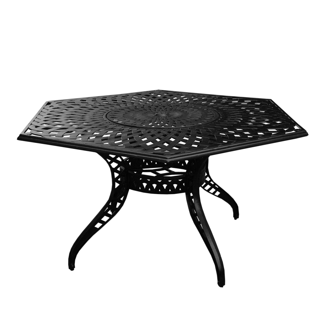 Modern Outdoor Mesh Aluminum 63-in Large Black Hexagon Patio Dining Table with Lazy Susan