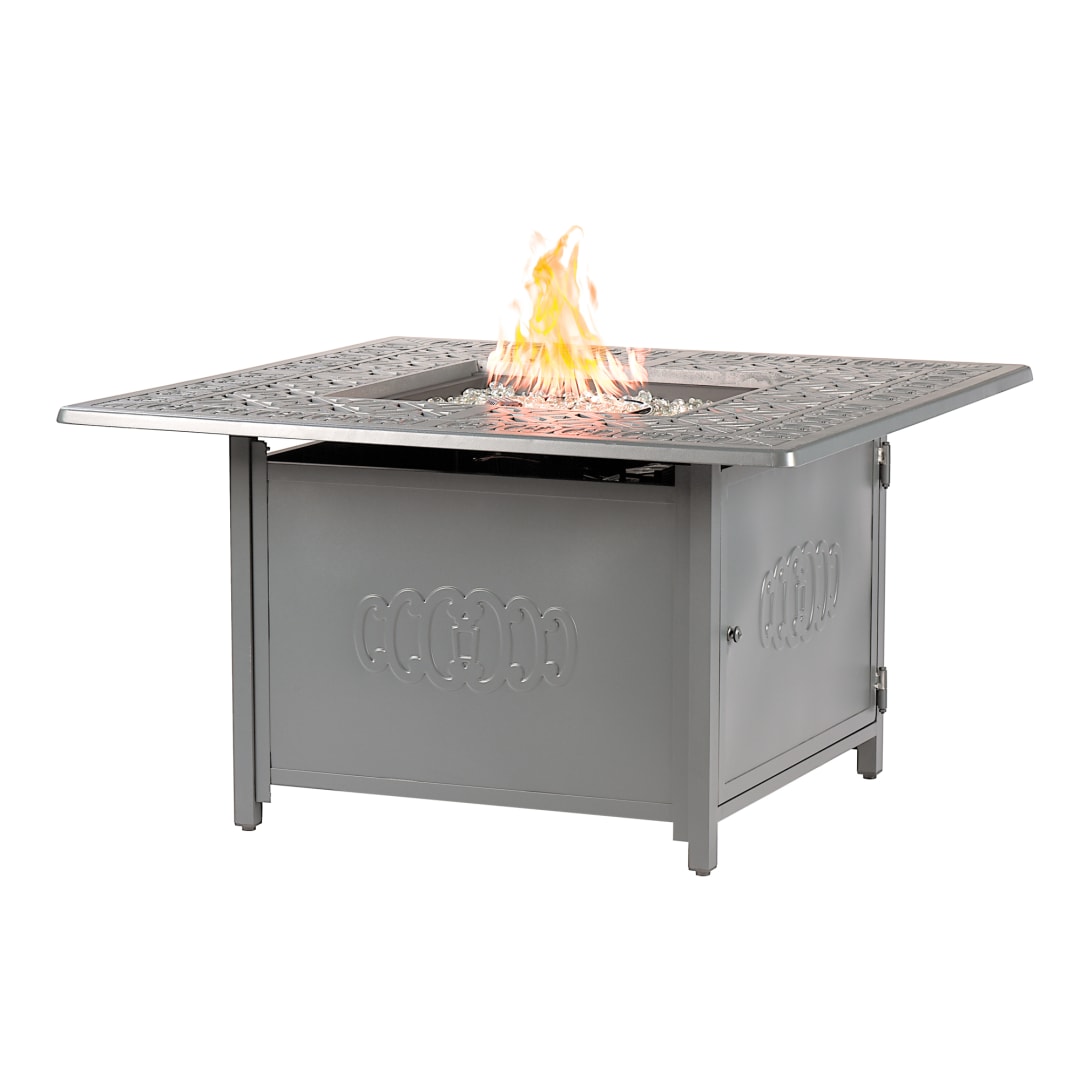 Square 42 in. x 42 in. Aluminum Propane Fire Pit Table with Glass Beads, Two Covers, Lid, 55,000 BTUs in Grey Finish