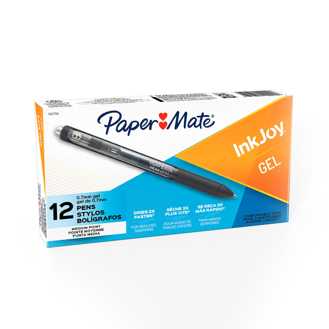 Paper Mate® InkJoy Gel, Bolígrafos Retráctiles, Punta Media (0.7mm), Tinta Negra, Paquete de 12