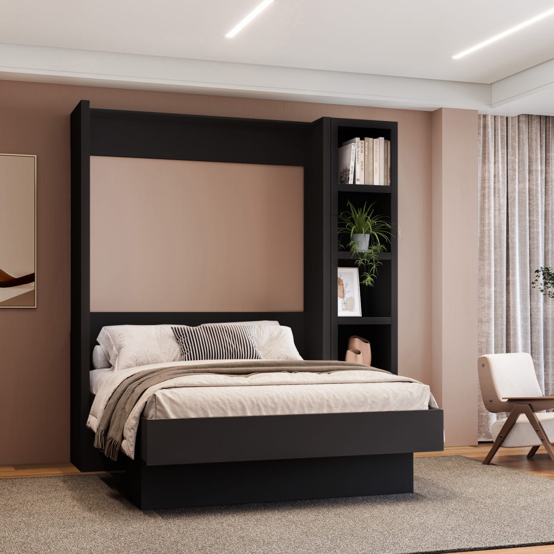 Easy-Lift Full Murphy Wall Bed in Black with Bookshelf