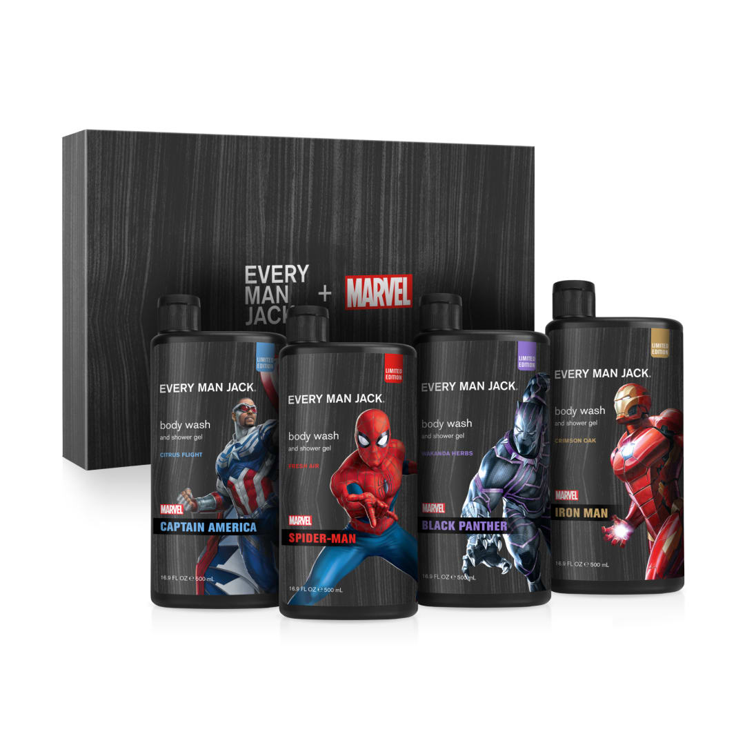 Every Man Jack Marvel Collectors Box Body Wash Gift Set - Perfect for Every Guy & Marvel-Lover - Includes Four Full-Sized Body Washes with Clean Ingredients & Incredible Scents - Marvel-Inspired Fresh Air, Winter Mint, Crimson Oak, and Wakanda Herbs Fragrances