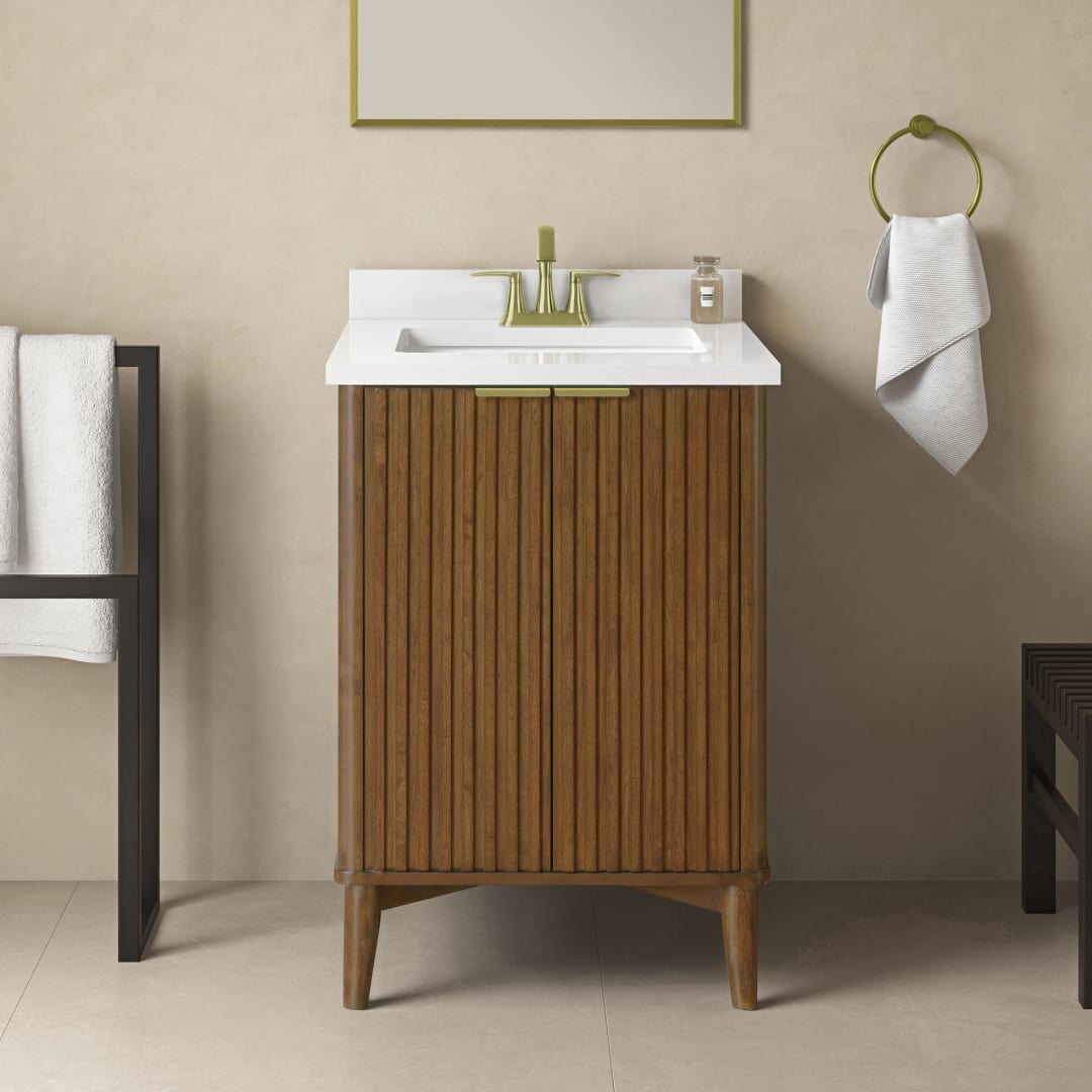 Gabi 24 in. Single Sink Freestanding Warm Walnut Bathroom Vanity with White Engineered Stone Top