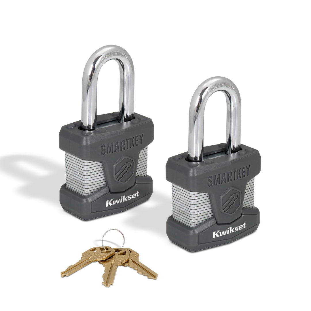 Kwikset SmartKey Re Keyable Laminated Steel Padlock with Boron Carbide Shackle, 2 in Body, 1-1/2 in Shackle, 2 Pack