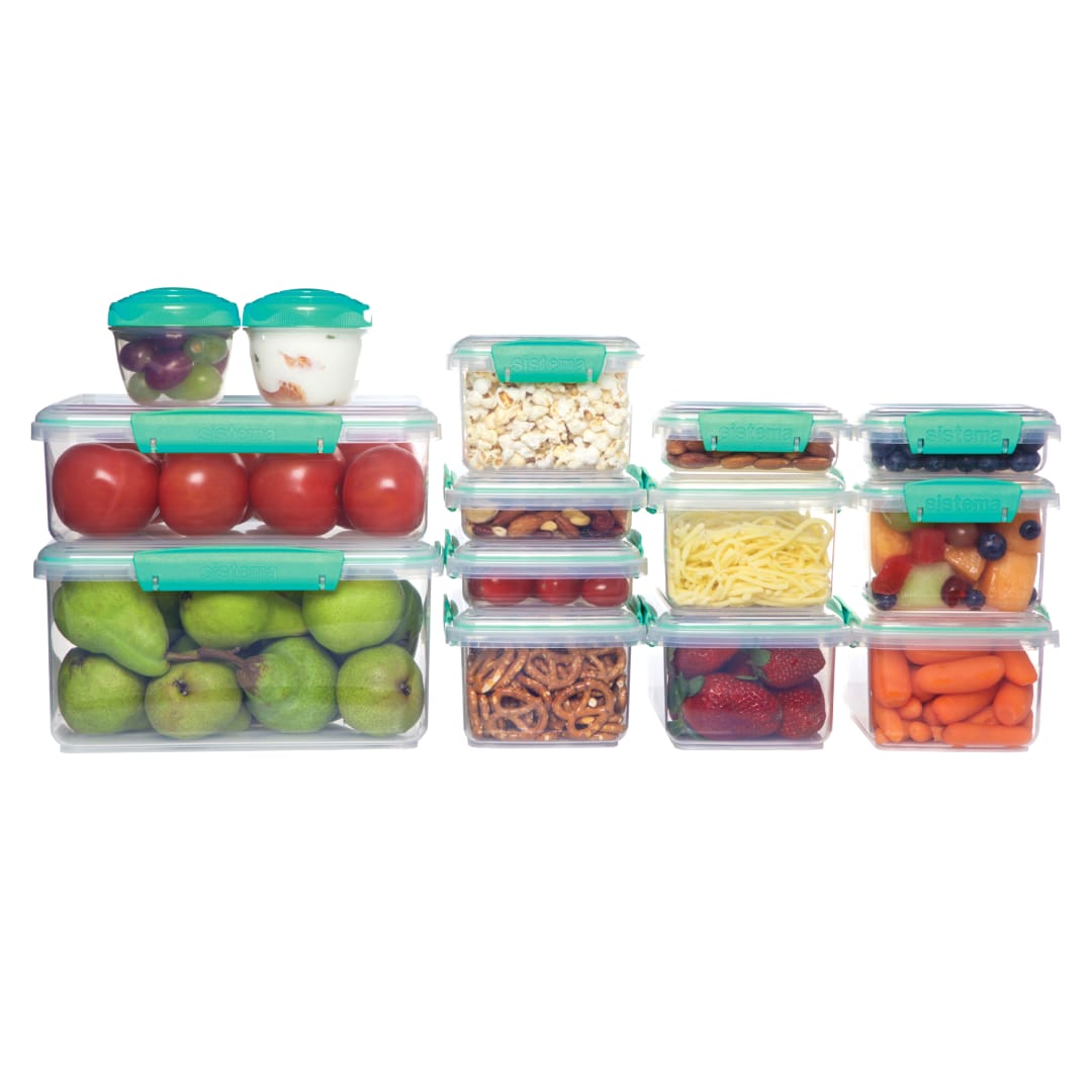 Sistema KLIP Recipientes herméticos para alimentos IT | Recipientes herméticos y apilables para comidas preparadas | Fiambreras escolares y táperes pequeños | 28 unidades (14 recipientes y sus tapas)