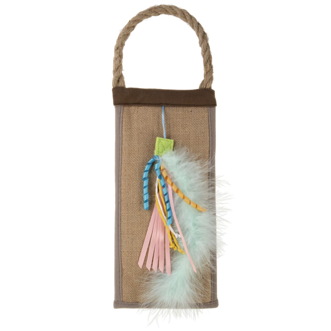 Petlinks Paw Party Hanging Jute Cat Scratcher with Attached Large Feathery Ribbon Cat Toy
