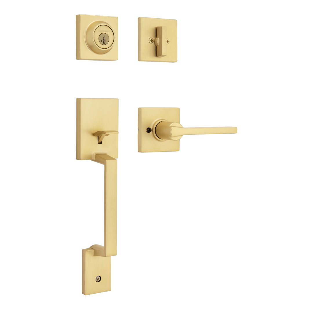 Amador Single Cylinder Keyed Entry Door Handleset with Casey Interior Lever in Satin Brass ft SmartKey Security