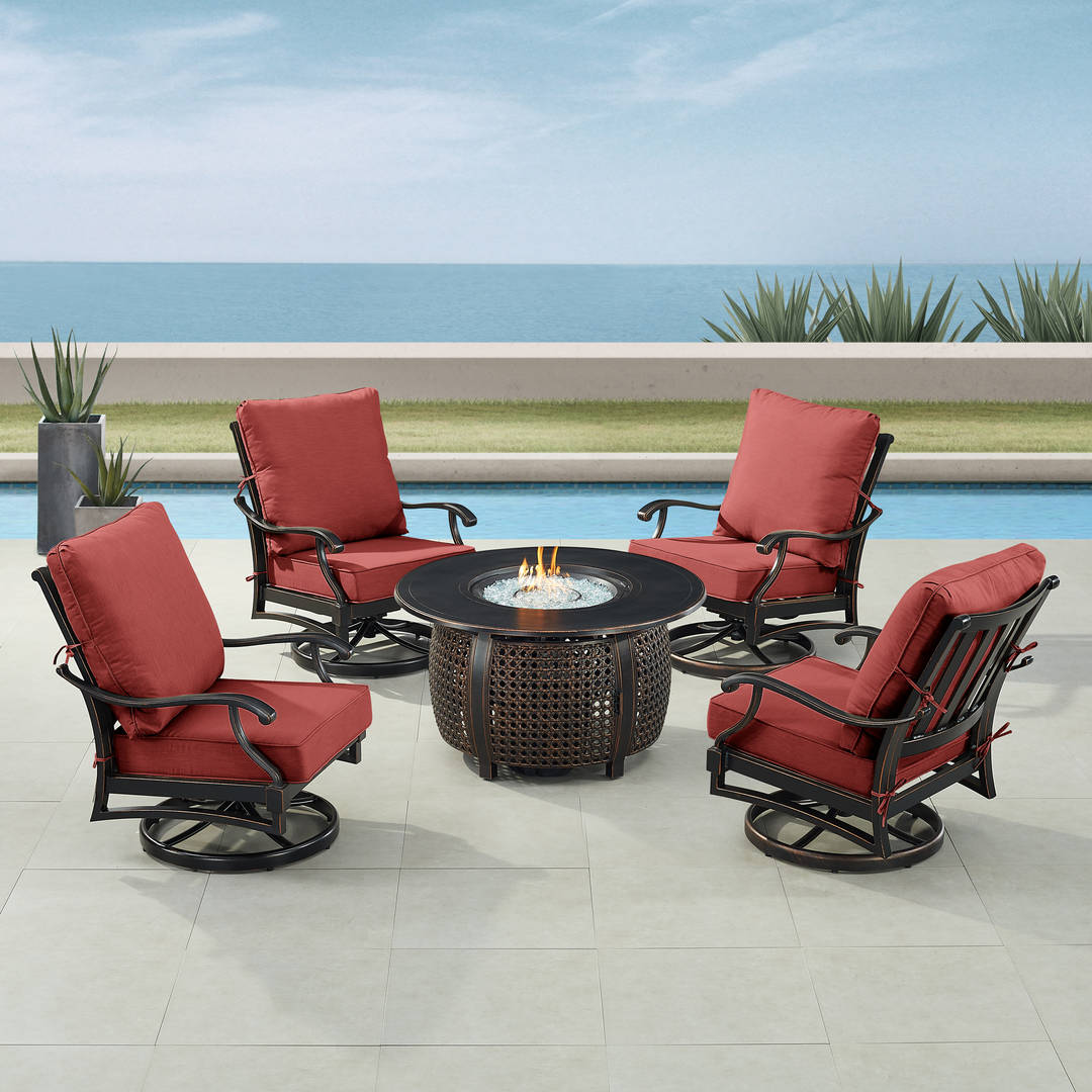 Black Aluminum Patio Fire Table Set with Four Club Chairs