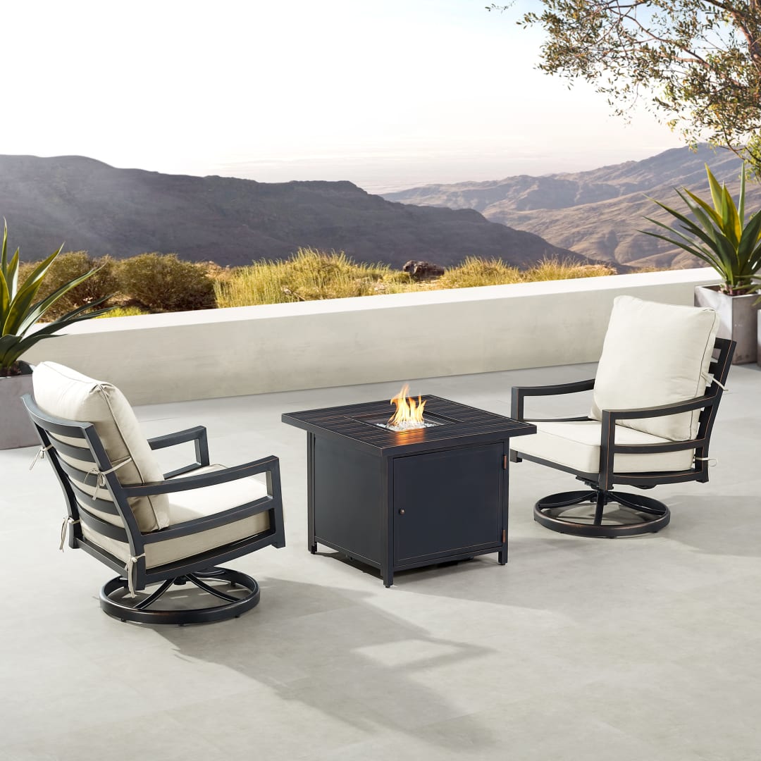 Black Aluminum Patio Fire Table Bistro Set with Two Club Chairs