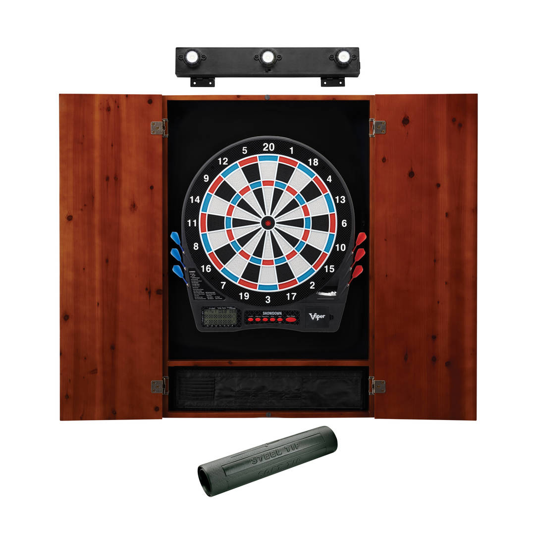 Viper Showdown Electronic Dartboard, Metropolitan Cinnamon Cabinet, Dart Mat & Shadow Buster Dartboard Light Bundle