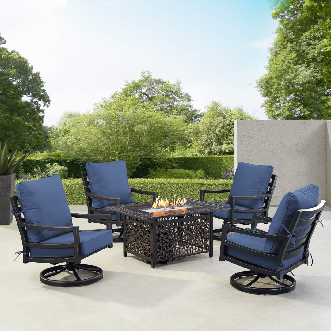 Black Aluminum Patio Fire Table Set with Four Club Chairs