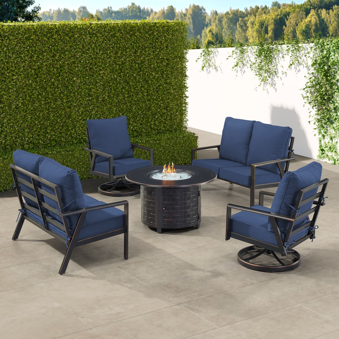 Black Aluminum Patio Fire Table Set with Two Deep Seating Loveseat with Cushions and Two Club Chairs