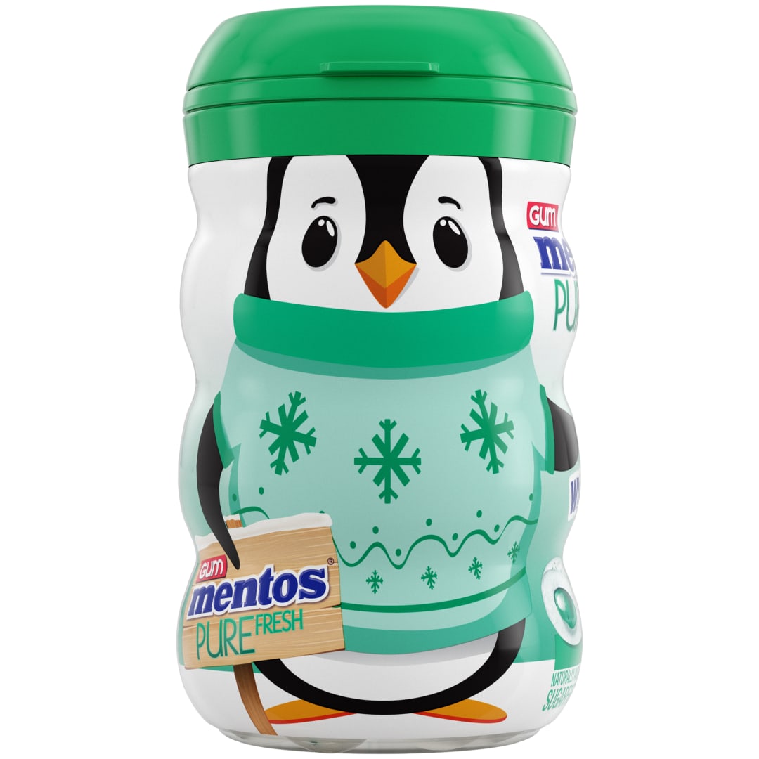 Mentos Gum Pure Fresh Sugar Free Chewing Gum Spearmint 50 pc Holiday Penguin Curvy Bottle