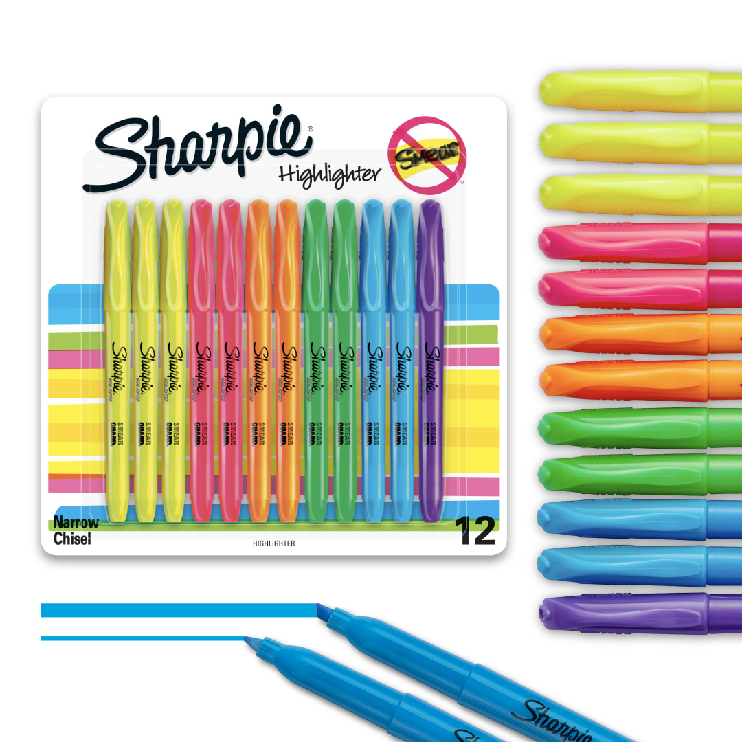 Sharpie Pocket Highlighters, Narrow Chisel Tip, Assorted Colours, 12 Count
